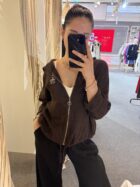 Lniana bluza z kapturem na suwak - brąz