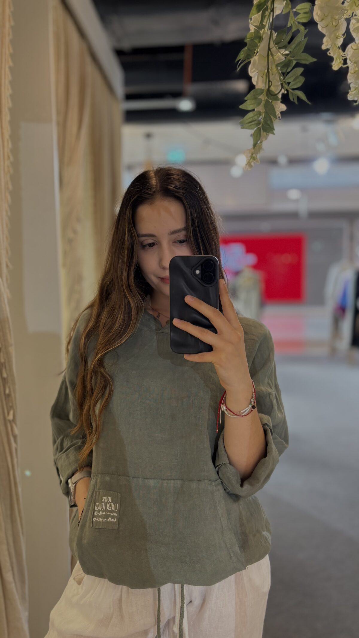 Lniana bluza z kapturem - khaki